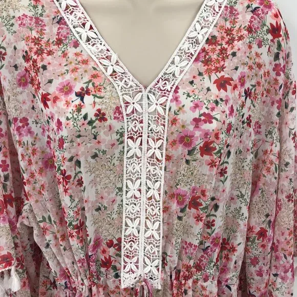 Charlie Paige Womens Cream Floral  Lace V Neck 3/4 Kimono Sleeve Swim Cover OS - Picture 3 of 9